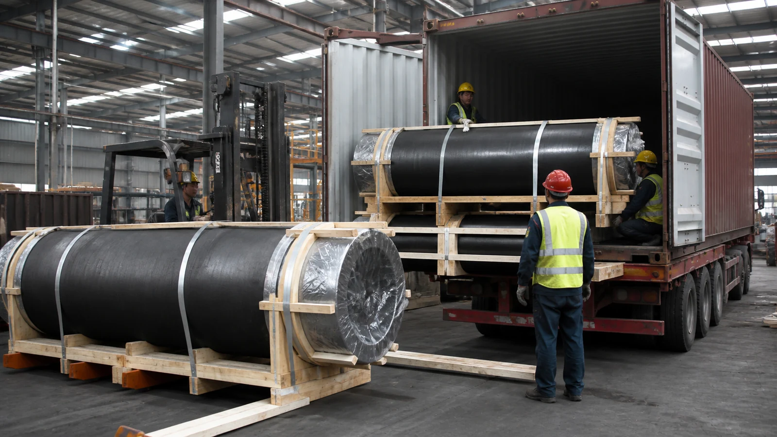 Graphite electrode export container loading